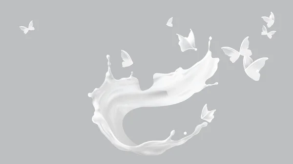 Süt sıçraması, spiral şekil ve kelebek silueti — Stok Vektör