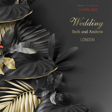 Koyu arka planda tropikal siyah ve altın yaprakları