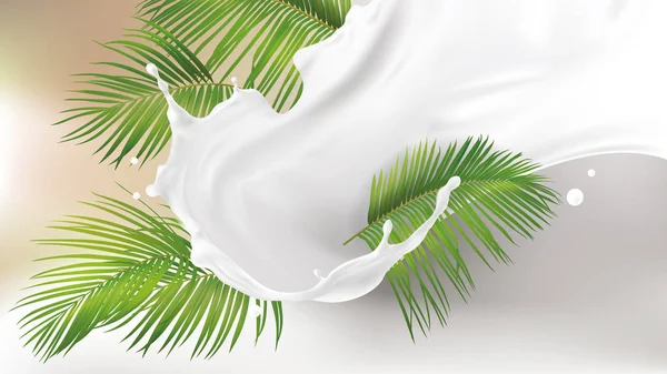 Salpicos de leite redemoinho e folhas de palma — Vetor de Stock