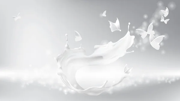 Salpicadura de leche, forma de remolino y siluetas de mariposa — Archivo Imágenes Vectoriales