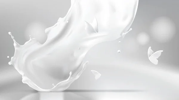 Mjölk stänk, virvel form och fjäril silhuetter — Stock vektor