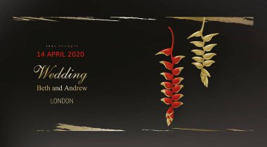 Siyah arka planda tropikal altın kırmızı bitkiler