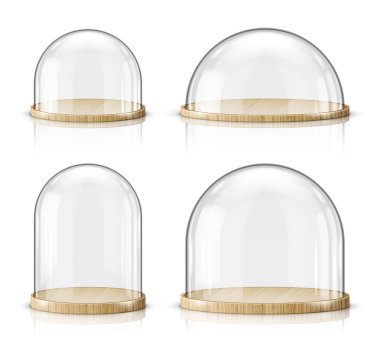 Glass dome and wooden tray realistic vector clipart
