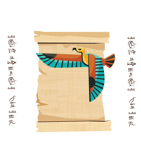 Antico Egitto papiro scorrimento con uccello volante — Vettoriale Stock