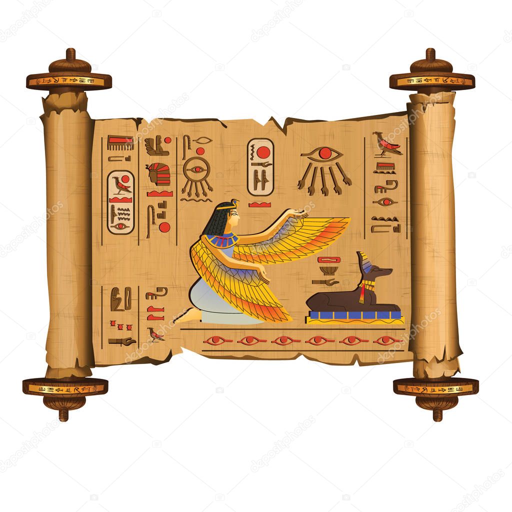 Ancient Egypt papyrus scroll with wooden rods