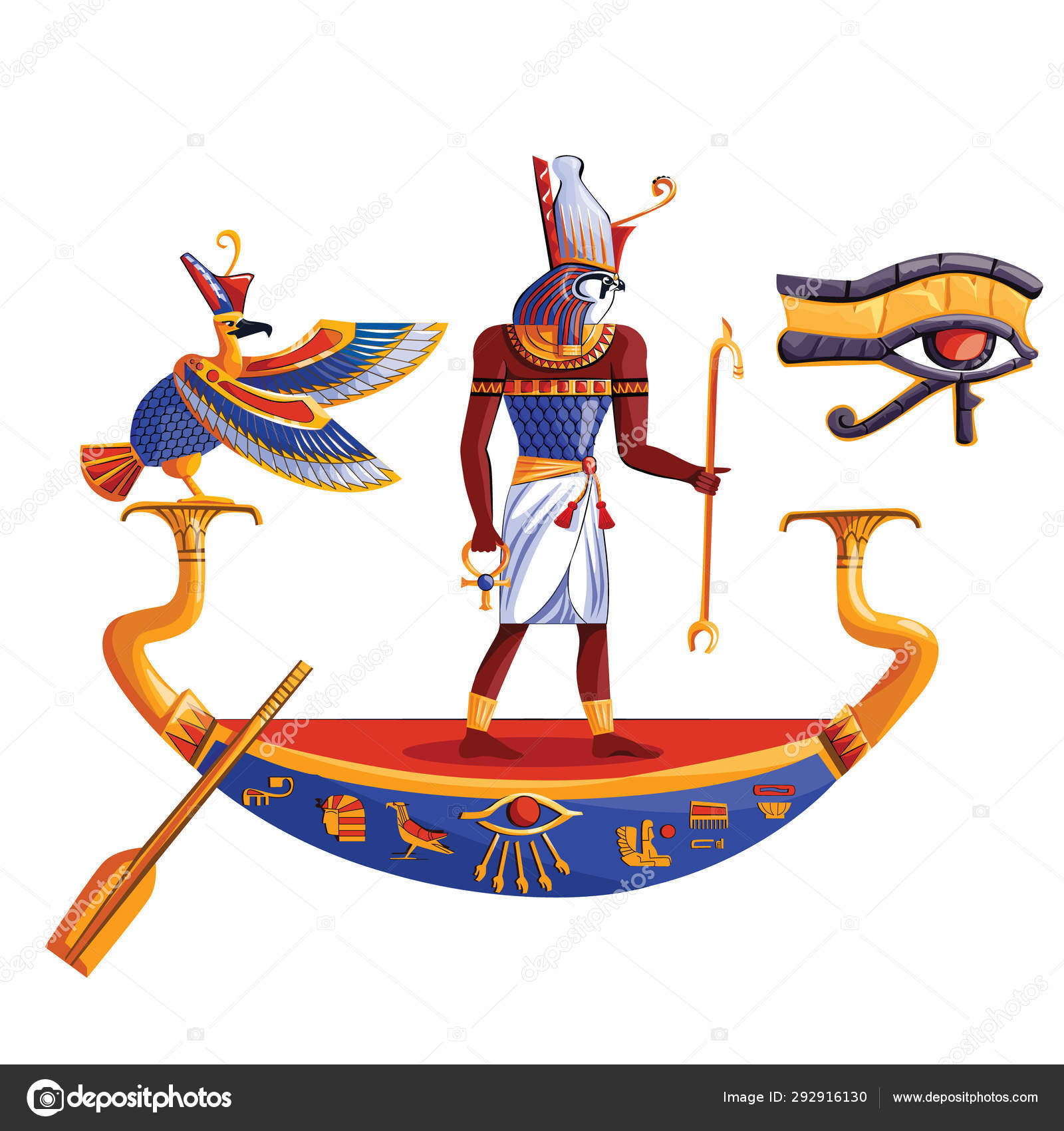 Antiguo Egipto sol dios Ra o Horus en barco Vector de stock #292916130 de  ©klyaksun, image size:1600x1700