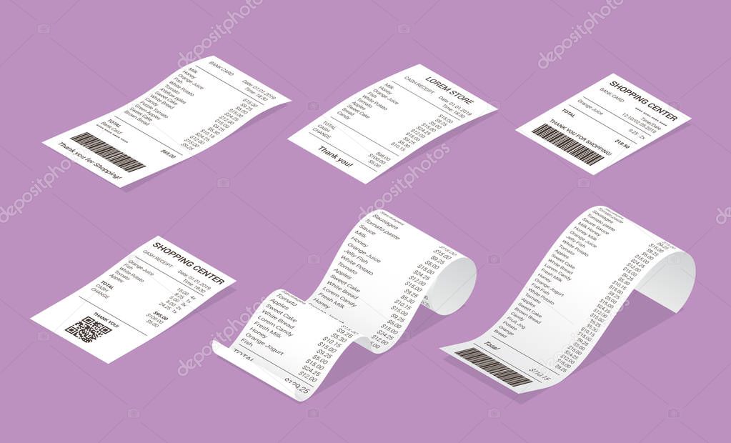 Isometric shop receipt, paper payment bills