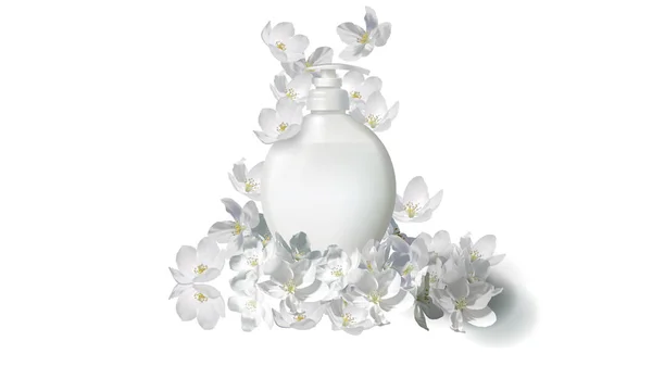 Sapone liquido realistico cosmetico con fiore di gelsomino — Vettoriale Stock