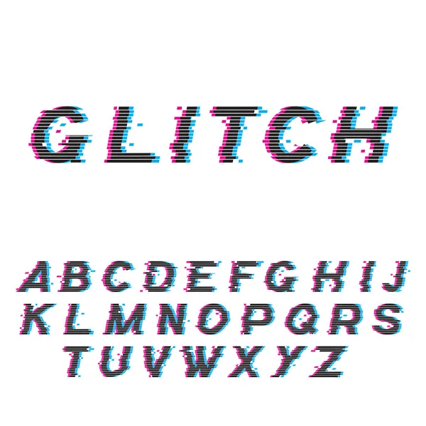Fonte Glitch ou abc distordu, panoplie de caractères latins tendance — Image vectorielle