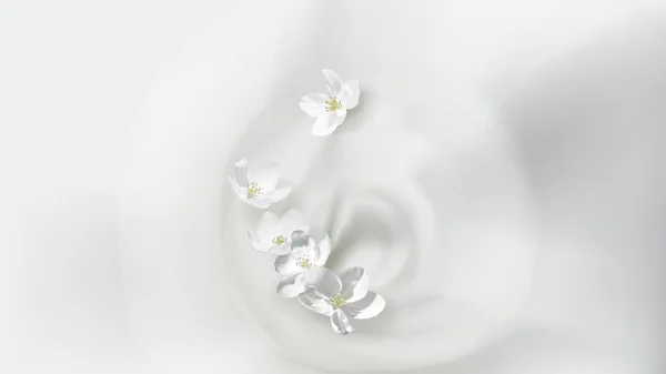 Poster with pouring milk, falling jasmine flower