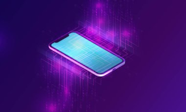 Büyük veri akışı isometrik afişli akıllı telefon