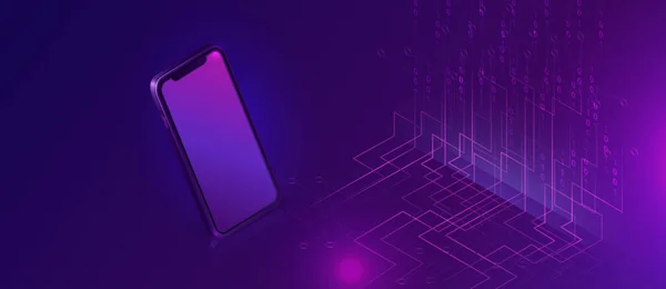 Smartphone con banner isométrico de flujo de big data — Vector de stock