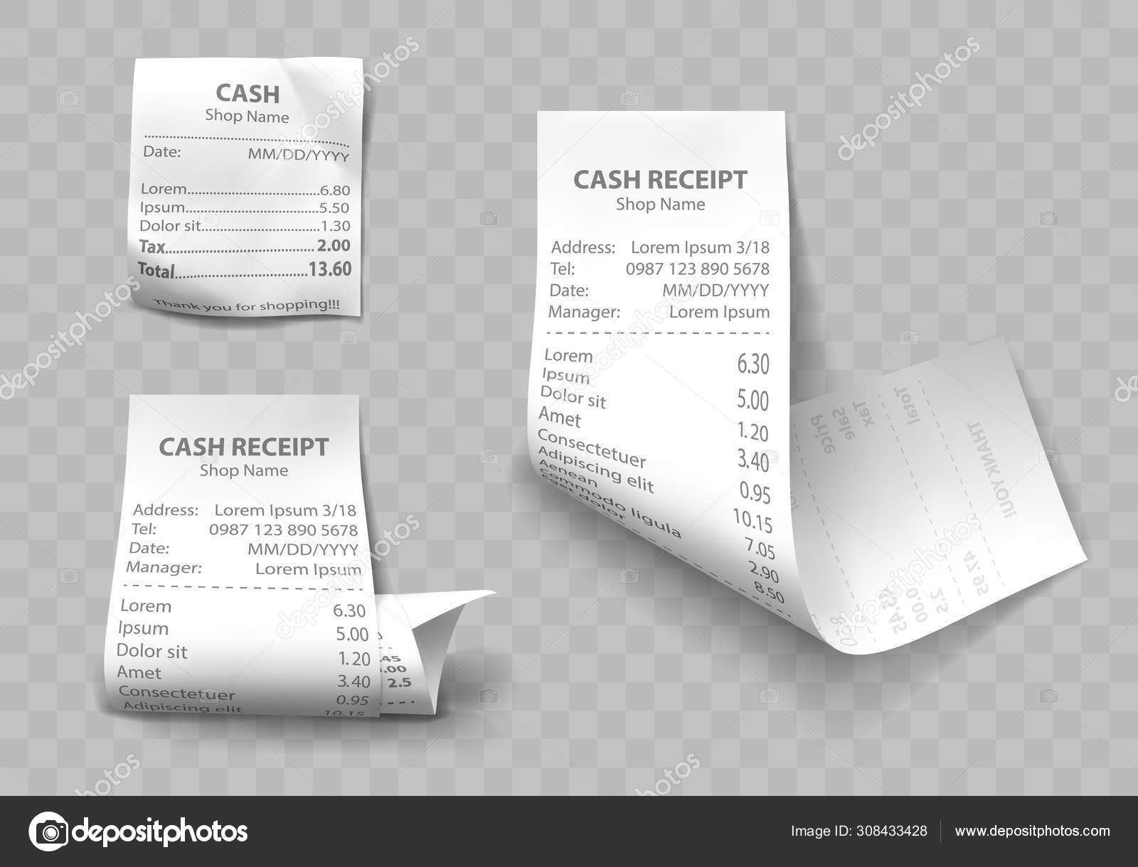 Realistic Shop Cash Receipt Paper Payment Bills Stock Vector