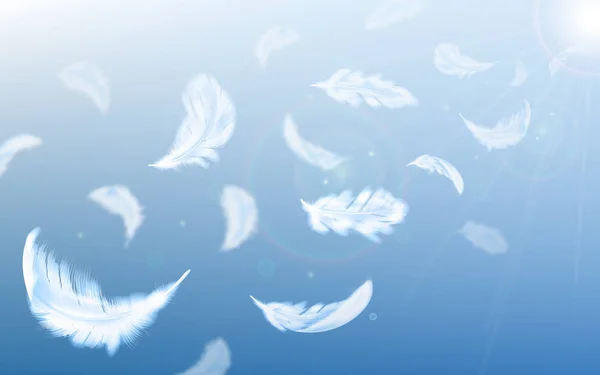 白色的羽毛在蓝天背景上在空中飞翔 — 图库矢量图片
