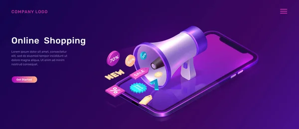 Conceito isométrico de marketing digital com megafone — Vetor de Stock