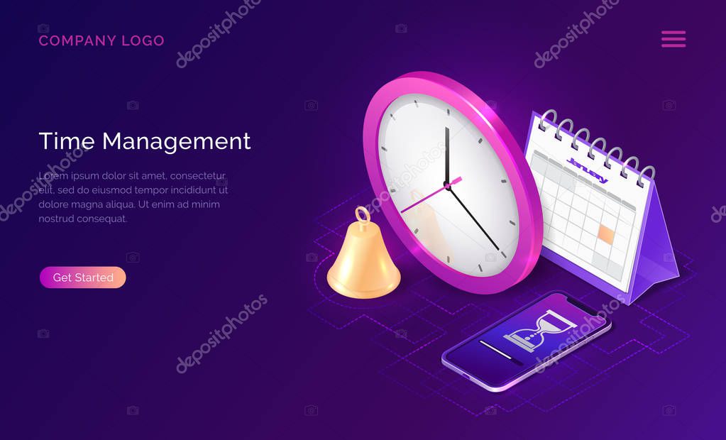 Time management isometric business concept vector. Desk calendar or schedule, clock, mobile phone with hourglass on screen and golden bell isolated on ultraviolet background. Working time organization