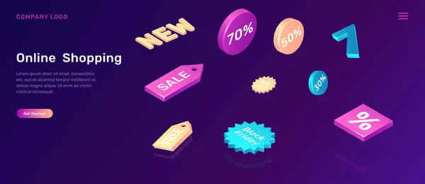 Online shopping isometric concept with sale icons — Stock Vector