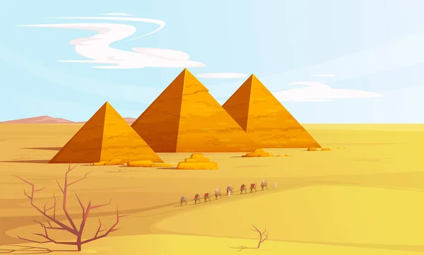 Desert landscape with egyptian pyramids and camels — ストックベクタ