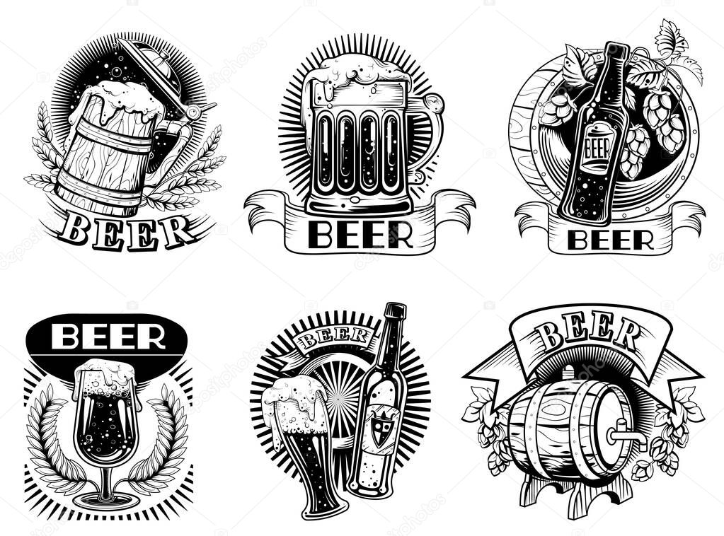 Beer icons or badges with foaming alcohol drink
