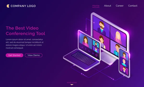Videoconferencia llamada en línea aterrizaje isométrico — Vector de stock