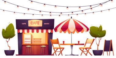 Açık kafe, parkta yaz kulübesi, sokak yemekleri.