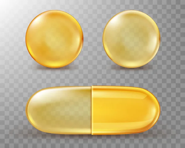 Capsules avec huile, pilules rondes et ovales en or . — Image vectorielle