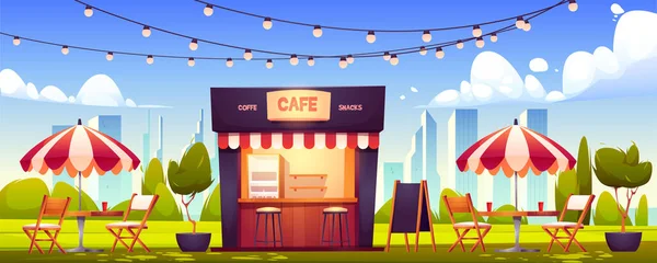 Café ao ar livre, cabine de verão no parque, comida de rua —  Vetores de Stock