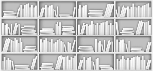 Estantería blanca maqueta, libros en estante en la biblioteca — Vector de stock