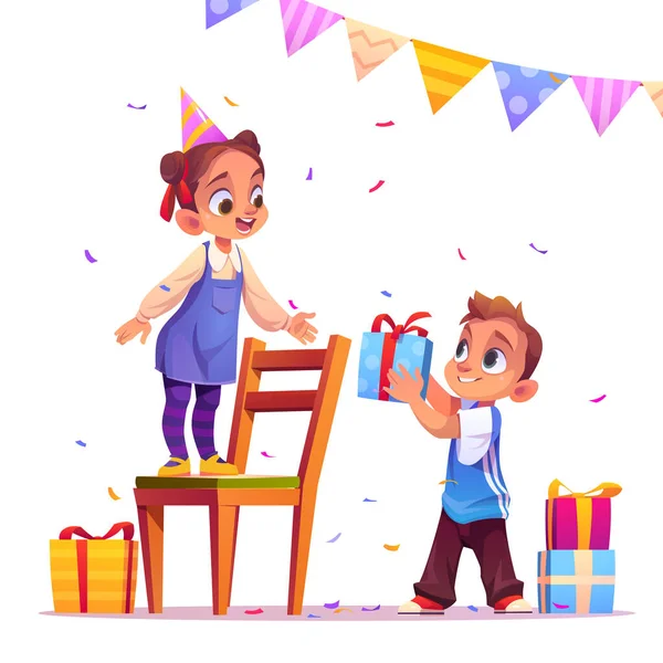 Ragazza di compleanno riceve regalo da ragazzo, festa, evento — Vettoriale Stock