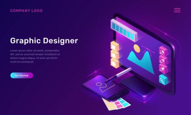 Grafik tasarımcı izometrik iniş sayfası, afiş