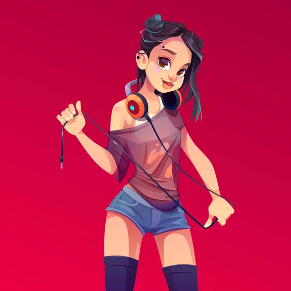 戴耳机的年轻女性DJ — 图库矢量图片