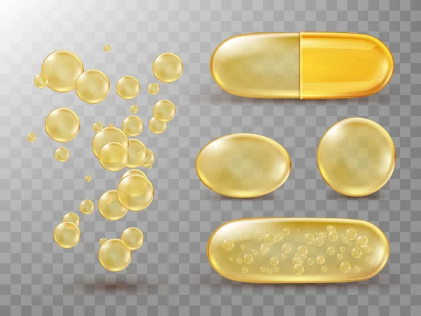 Tobolky s olejem, zlatou kulatou a oválnou pilulkou. — Stockový vektor