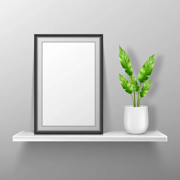 Empty photo frame stand on white shelf, mockup — Stock Vector