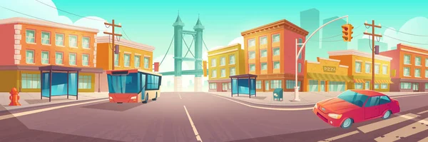 Cruce de la ciudad con autobús y coche en la intersección — Vector de stock