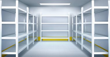 Cold room in warehouse with empty metal racks clipart