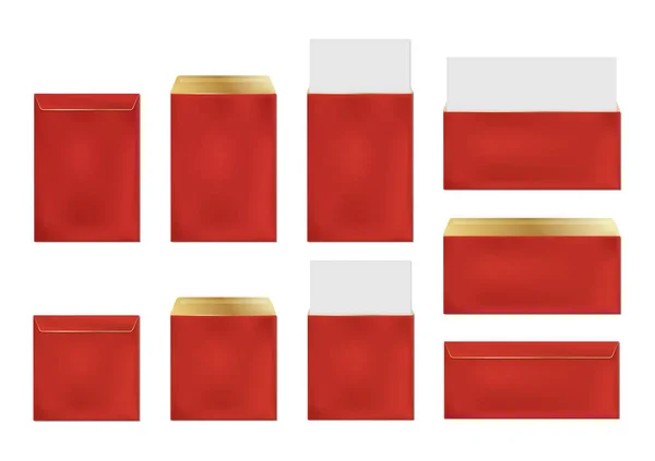 Červené obálky, prázdné papírové obálky šablony nastaveny — Stockový vektor