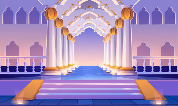 Коридор замка с лестницей, колоннами и арками
