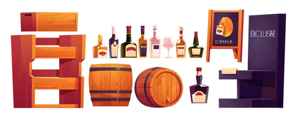 Botellas con alcohol, estantes de madera y barril — Archivo Imágenes Vectoriales