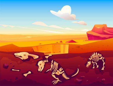 Fossil dinosaurs excavation in sand desert clipart