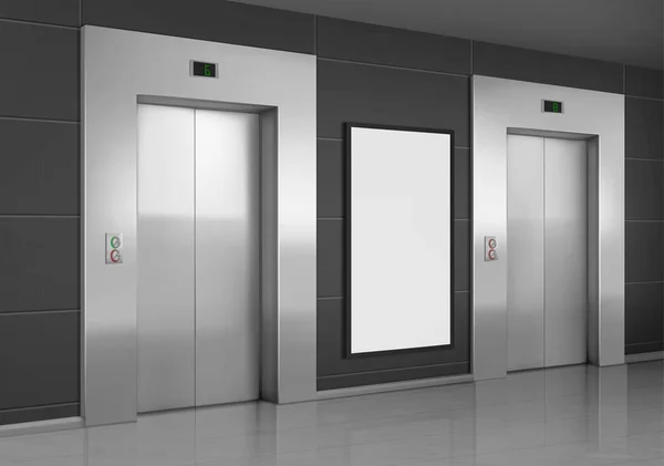 Реалистичные лифты с закрытой дверью и рекламным плакатом — стоковый вектор