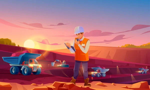 Man in helm aan het werk op mijnbouw steengroeve — Stockvector