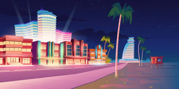 Street in Miami with hotel and sand beach at night — Stock Vector