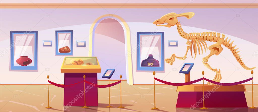 Historical museum interior with dinosaur skeleton