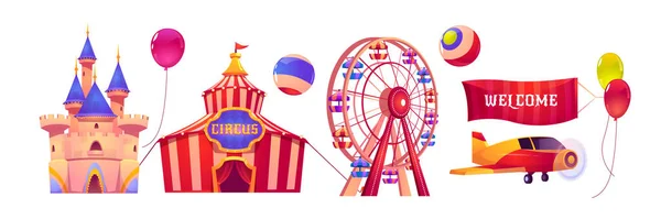 Carnival funfair with circus tent and ferris wheel — Stock Vector