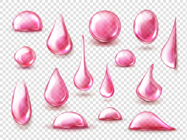 Set van rode druppels roze water, sap of wijn — Stockvector