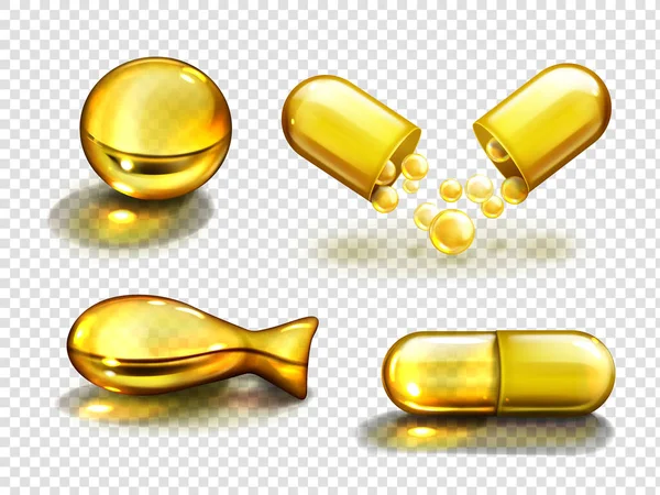 Kapsułki ze złotym olejem, suplementy witaminowe, kolagen — Wektor stockowy