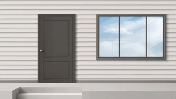 หน้าบ้านที่มีประตูสีเทา หน้าต่าง ผนังด้านข้าง — ภาพเวกเตอร์สต็อก