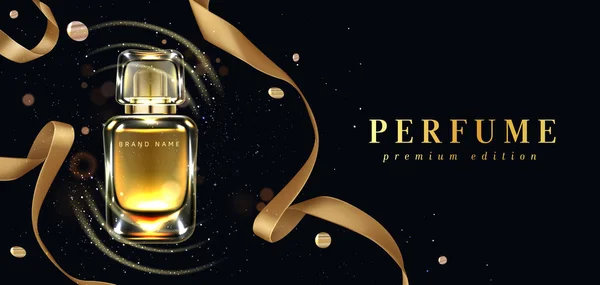 Botella de perfume y cinta de oro sobre fondo negro — Vector de stock