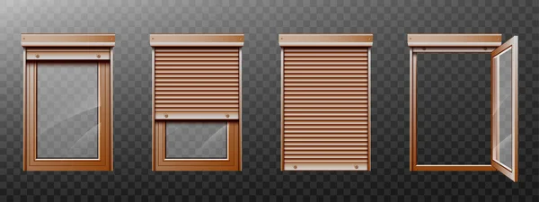 Fenêtre marron avec volets roulants et ensemble de fermeture — Image vectorielle