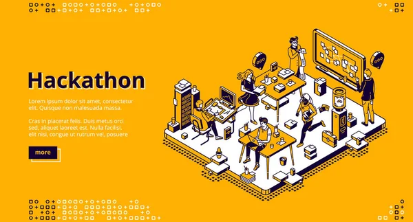 Aterragem isométrica de Hackathon, desenvolvimento de software —  Vetores de Stock